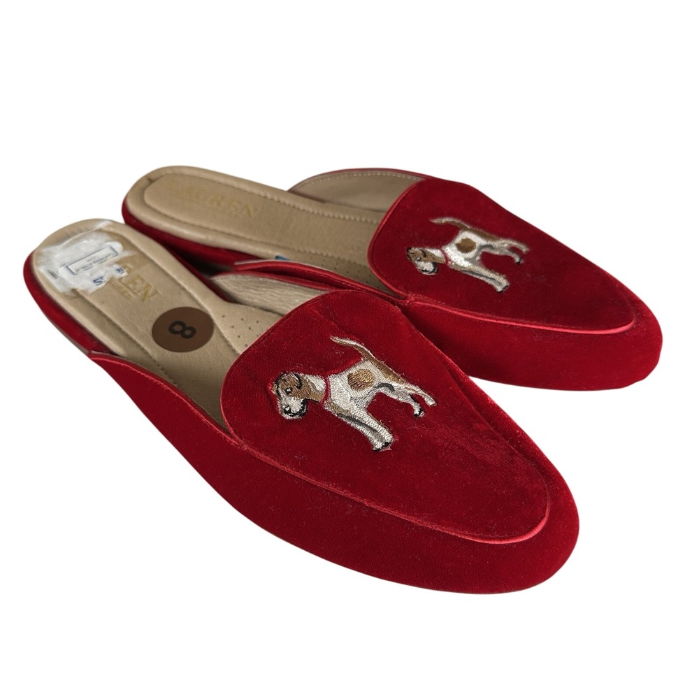 NEW Lauren Ralph Lauren Alaina Dogs Red Velvet Embroidered Mules Womens 8B Flats